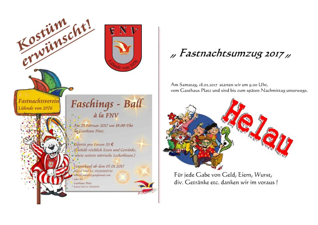 Infos zu Umzug und Faschingsball des Fastnachtsvereins