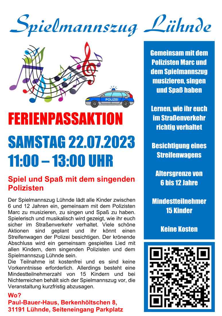 Ferienpassaktion Spielmannszug Lühnde – Spiel und Spaß mit dem singenden Polizisten