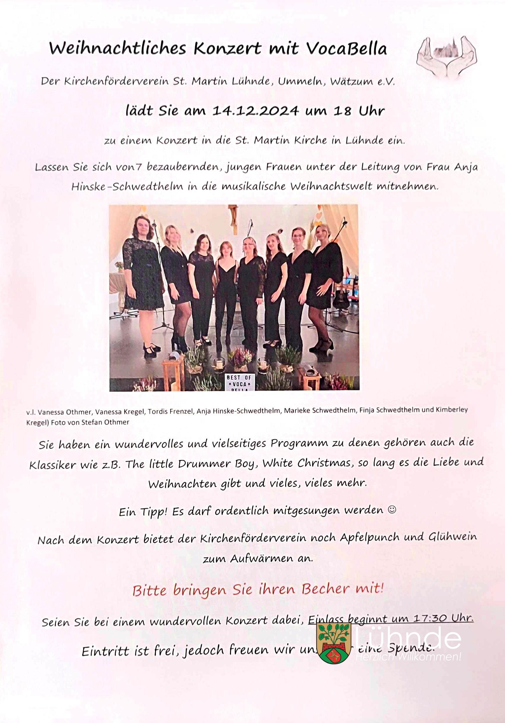 Weihnachtliches Konzert mit VocaBella in der Kirche