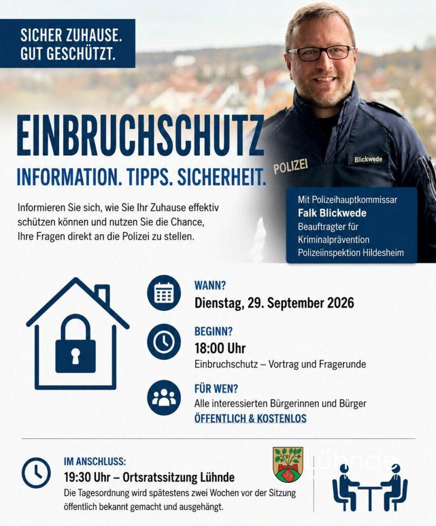 Einbruchschutz im Fokus: Ortsrat Lühnde lädt zu Informationsveranstaltung mit der Polizei ein – Im Anschluss folgt eine Ortsratssitzung